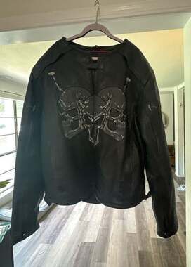 First Racing Men's Black Leather Motorcycle Jacket with Skull and Barbwire Graph